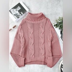 Cozy Pink Cable Knit Turtleneck Sweater